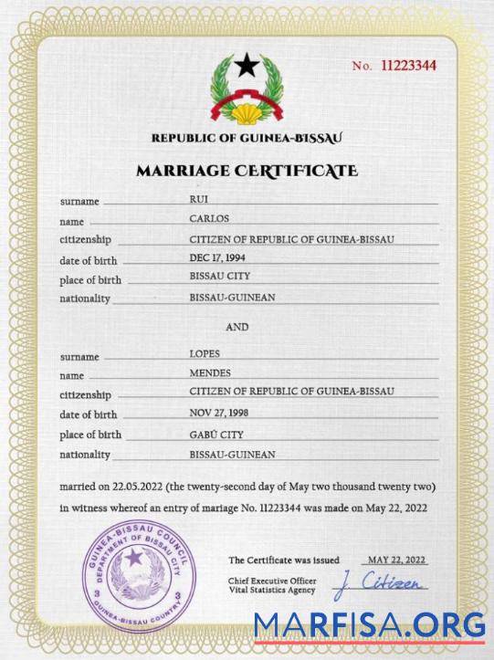 Realistic Guniea Bissau marriage certificate PSD template